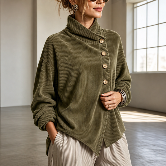 Funnel Collar Asymmetric Button Corduroy Top