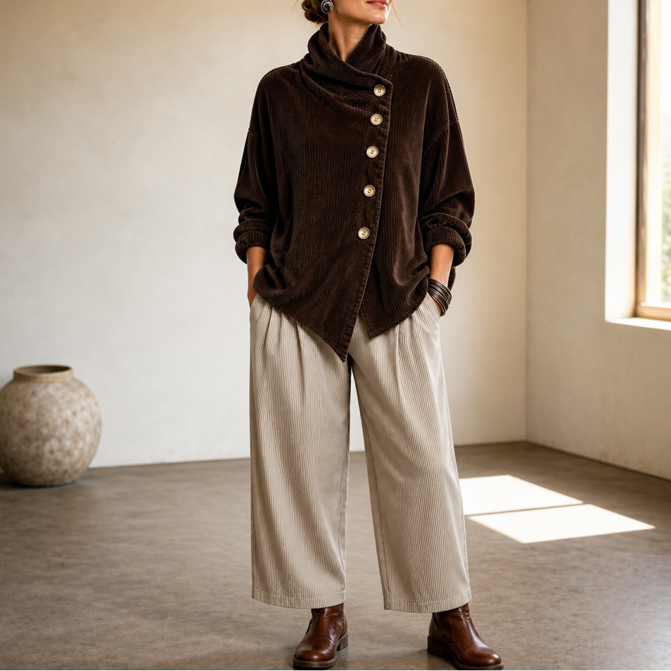 Funnel Collar Asymmetric Button Corduroy Top