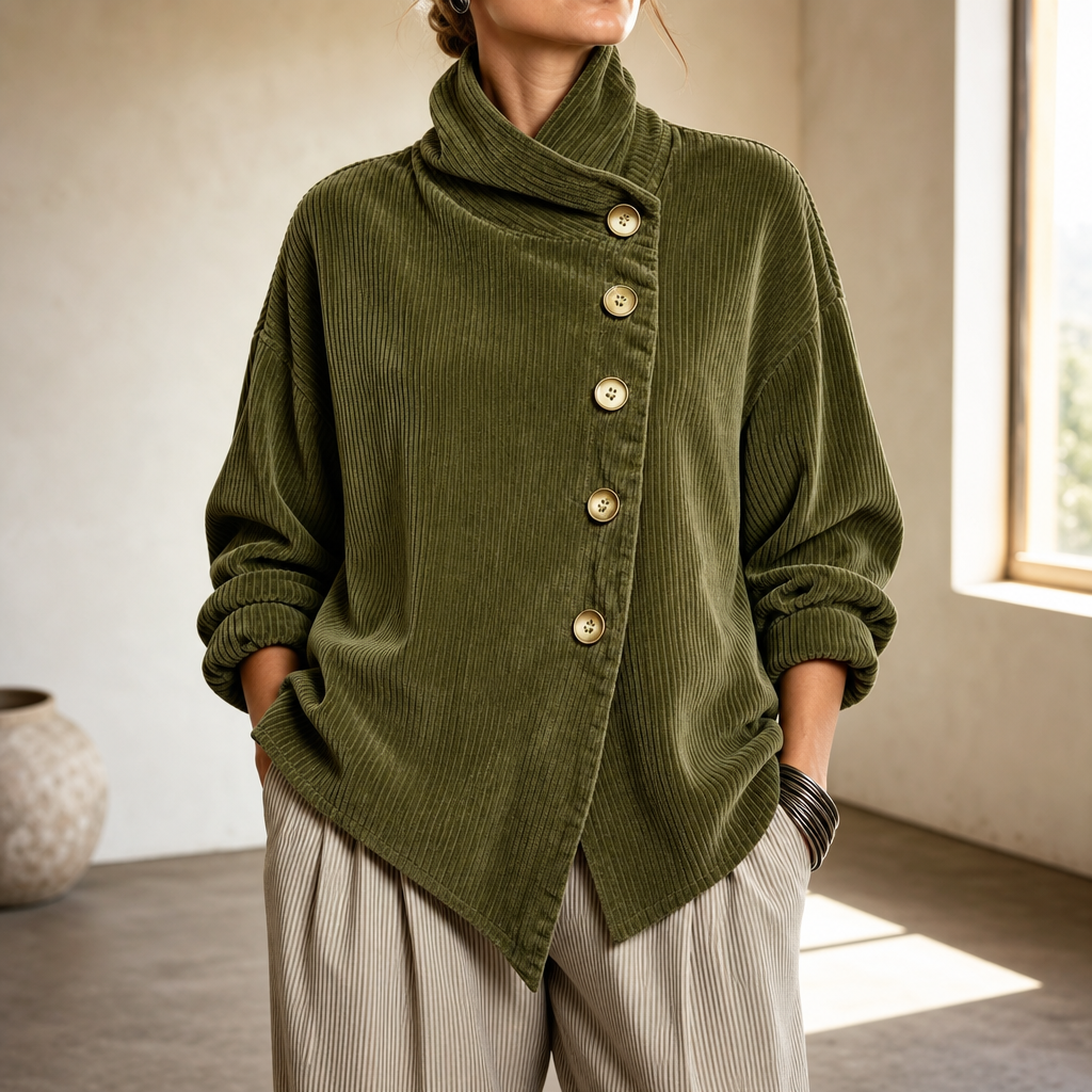 Funnel Collar Asymmetric Button Corduroy Top