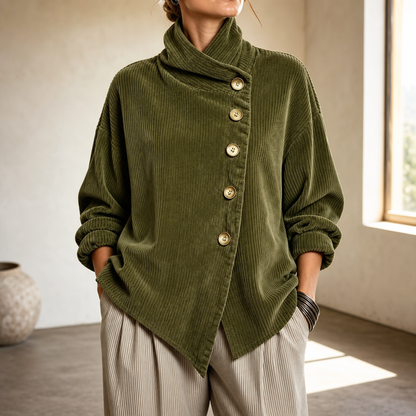 Funnel Collar Asymmetric Button Corduroy Top