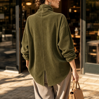 Funnel Collar Asymmetric Button Corduroy Top
