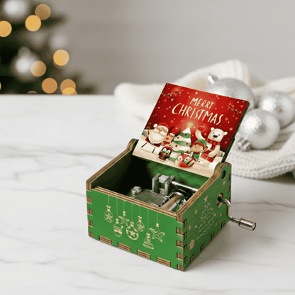 Hand-Wound Christmas Music Box with Traditional Holiday Motif