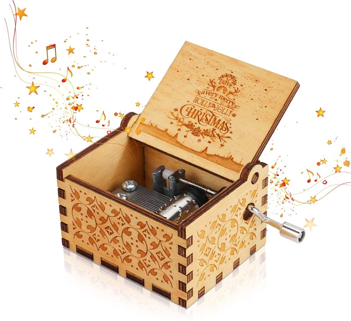 Hand-Wound Christmas Music Box with Traditional Holiday Motif