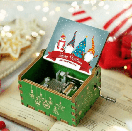 Hand-Wound Christmas Music Box with Traditional Holiday Motif
