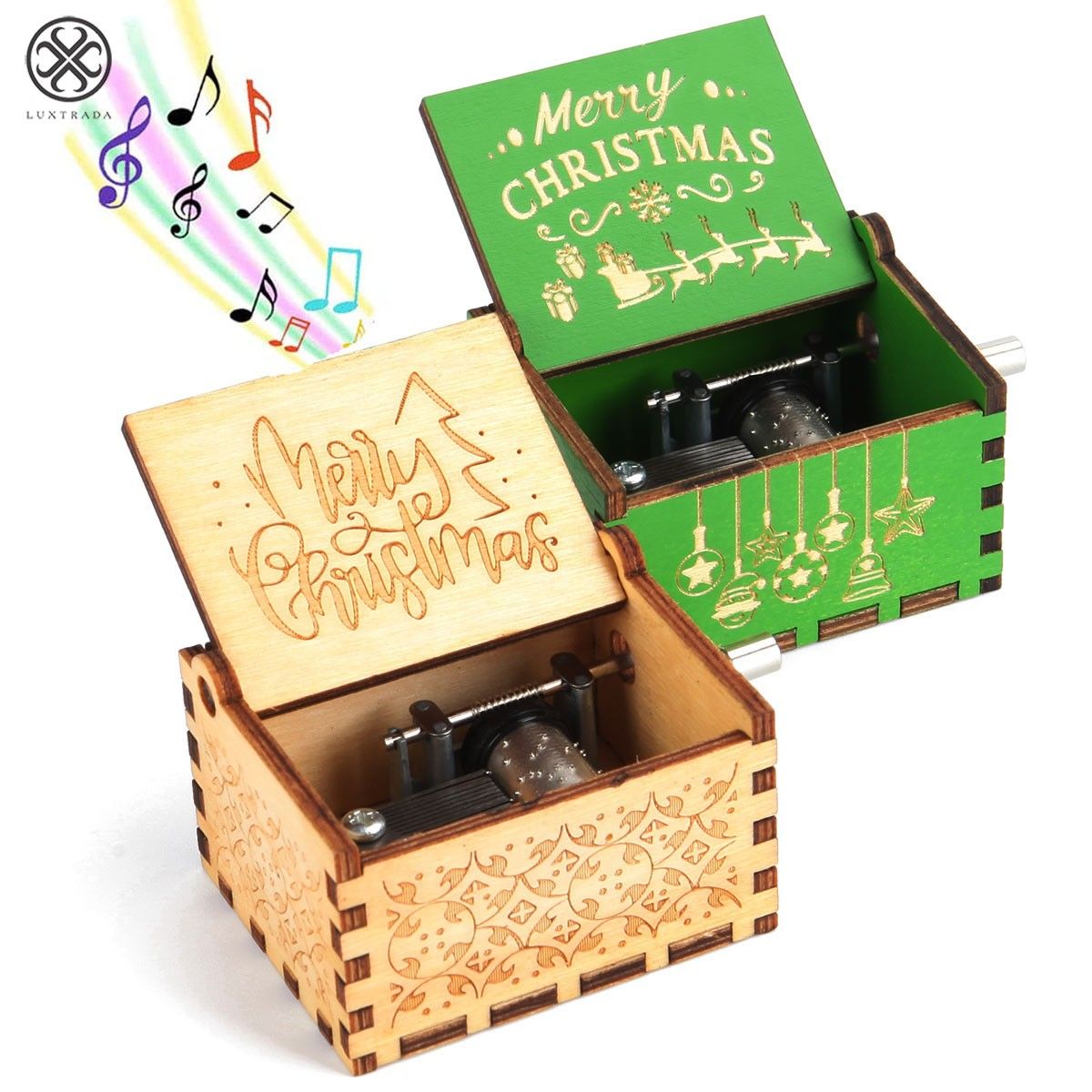 Hand-Wound Christmas Music Box with Traditional Holiday Motif
