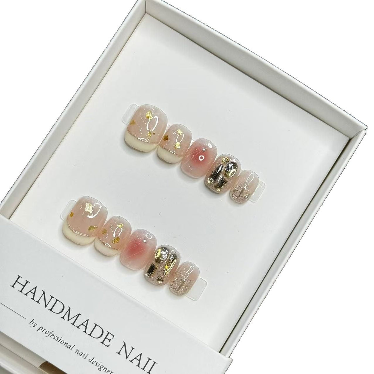 Handmade Decorative Press-On Nail Set with Heart and Glitter Accents