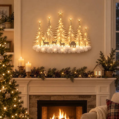 Illuminated Winter Forest Wall Decoration - 3D Christmas Landscape with Deer and Warm LED Light
