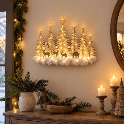 Illuminated Winter Forest Wall Decoration - 3D Christmas Landscape with Deer and Warm LED Light