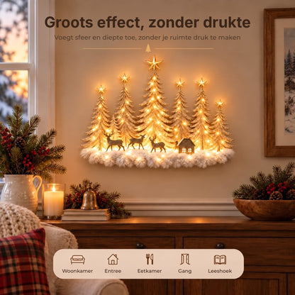 Illuminated Winter Forest Wall Decoration - 3D Christmas Landscape with Deer and Warm LED Light