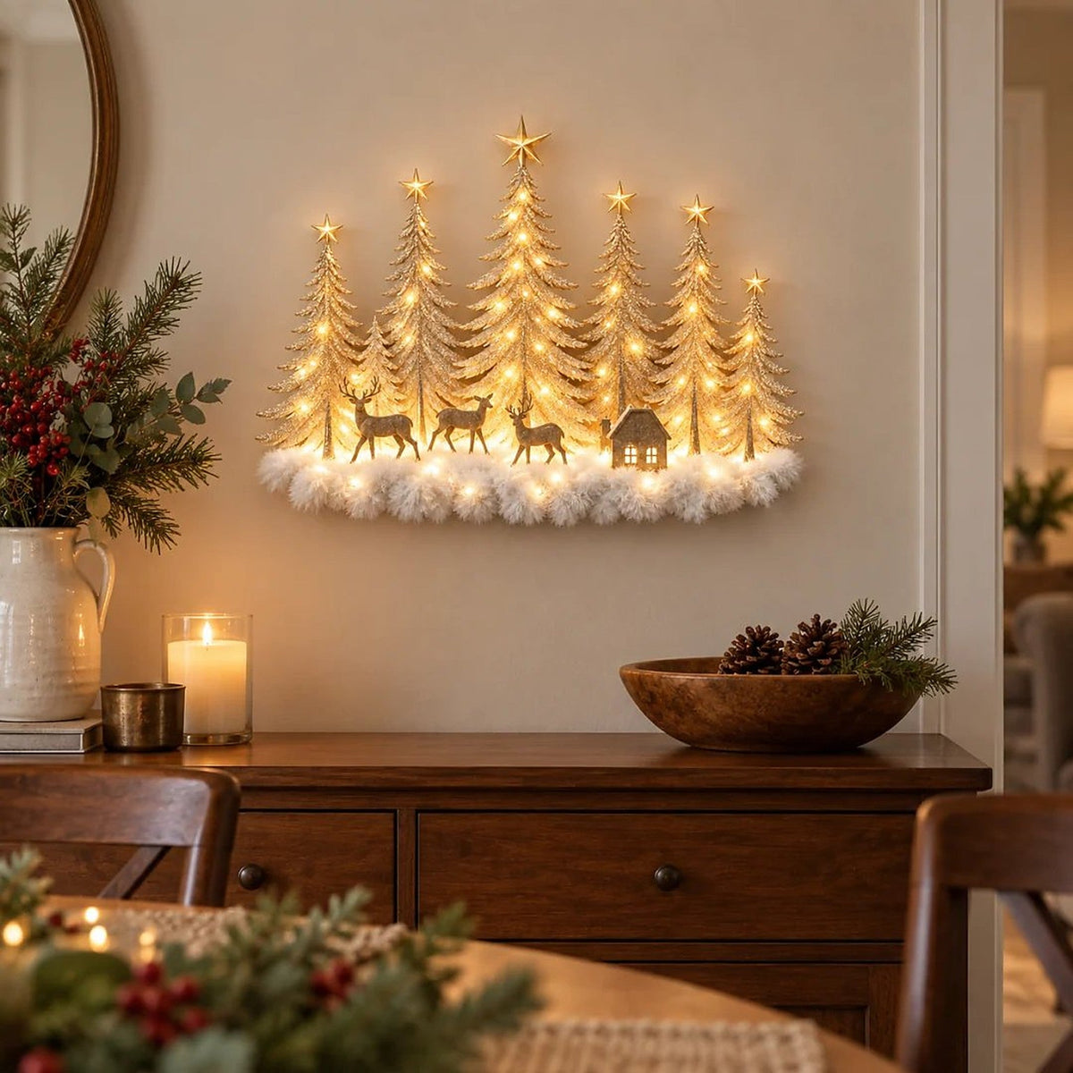 Illuminated Winter Forest Wall Decoration - 3D Christmas Landscape with Deer and Warm LED Light