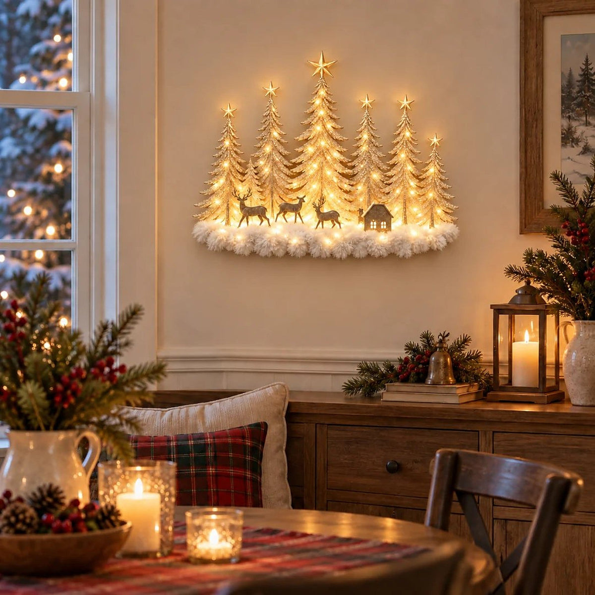 Illuminated Winter Forest Wall Decoration - 3D Christmas Landscape with Deer and Warm LED Light