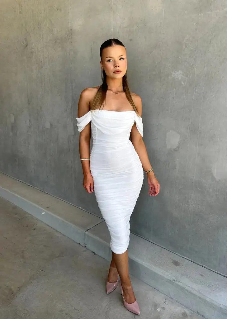 Scarlett | Elegant Off-Shoulder Bodycon Midi Dress with Draped Sleeves - Image 3