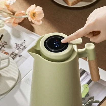 Insulated Glass Thermal Jug with Temperature Display & Wooden Handle