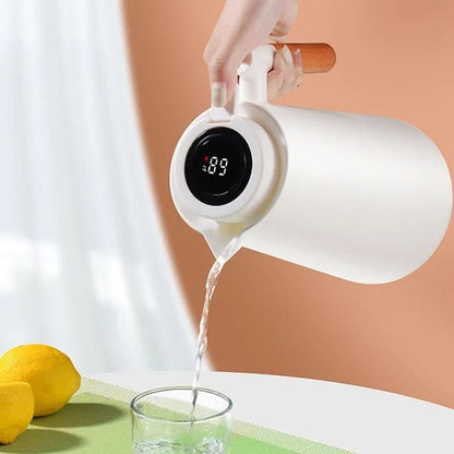 Insulated Glass Thermal Jug with Temperature Display & Wooden Handle