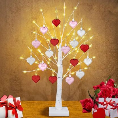 LED Birch Tree with 18 Heart Ornaments