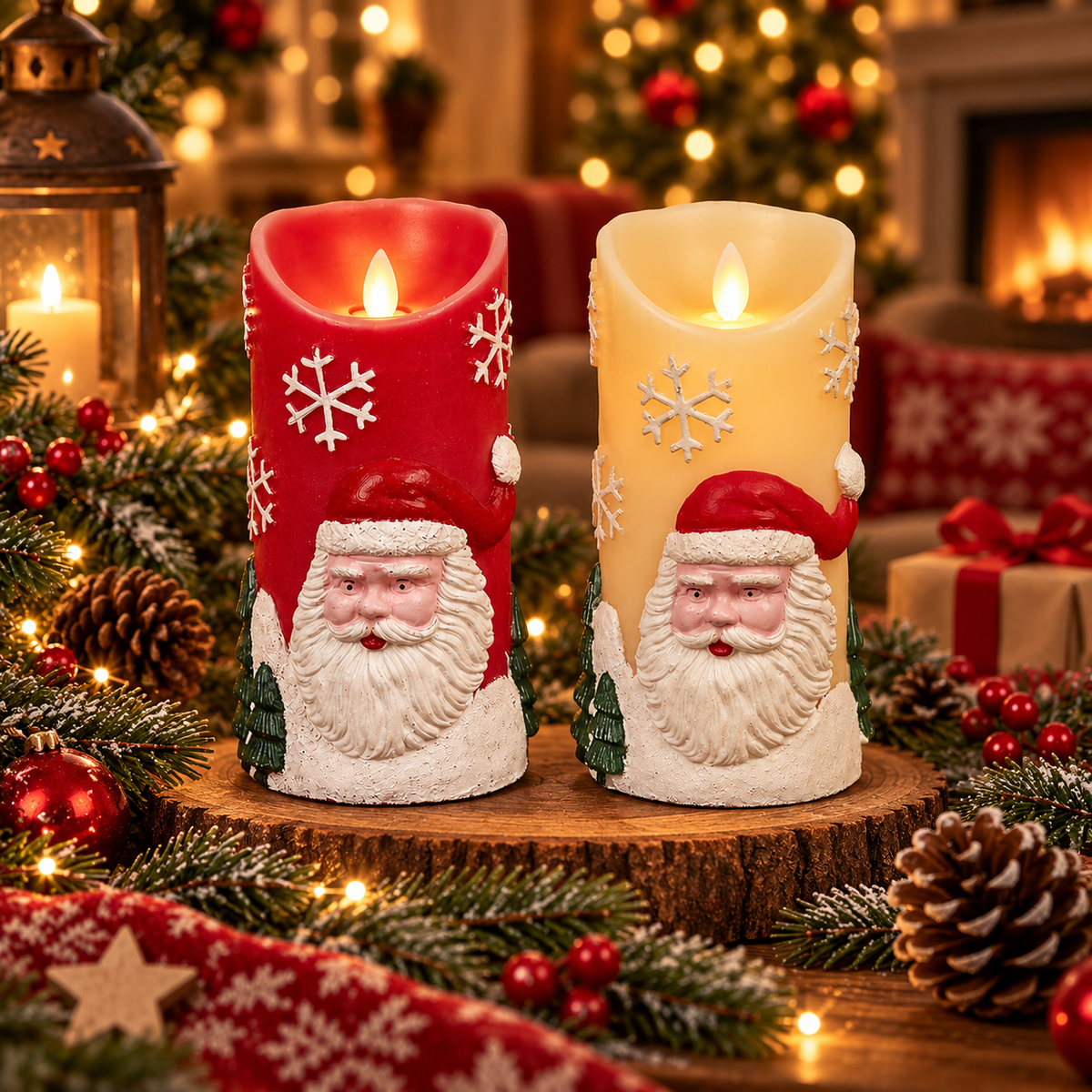 LED Candle with Christmas Motif - Ø9 x 18 cm - Red or White