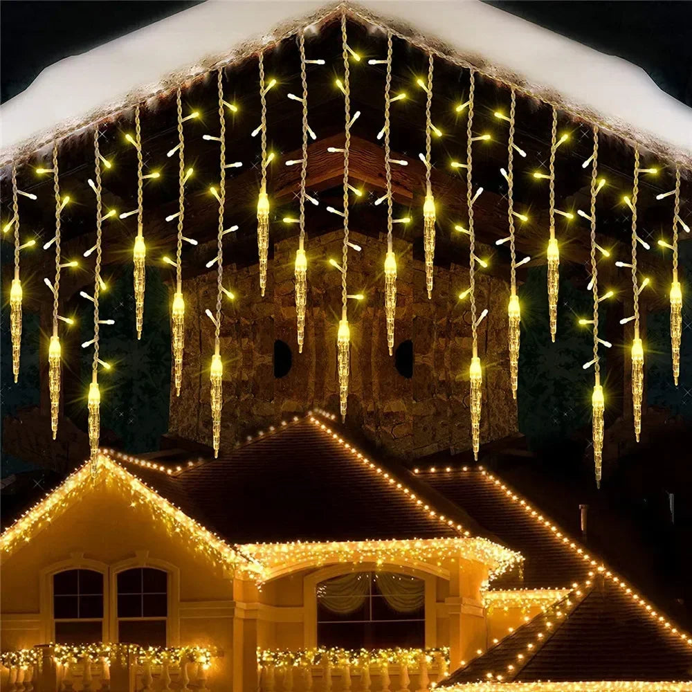 LED Icicle Curtain String Lights with 8 Modes - Festive Winter Christmas & New Year Decoration - EU Plug
