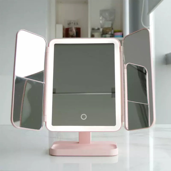 LED Makeup Mirror with 3 Light Modes – Foldable Vanity Mirror with Light and 2x/3x Magnification, White or Pink
