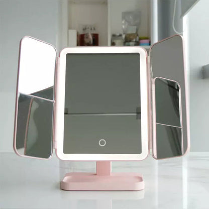 LED Makeup Mirror with 3 Light Modes – Foldable Vanity Mirror with Light and 2x/3x Magnification, White or Pink