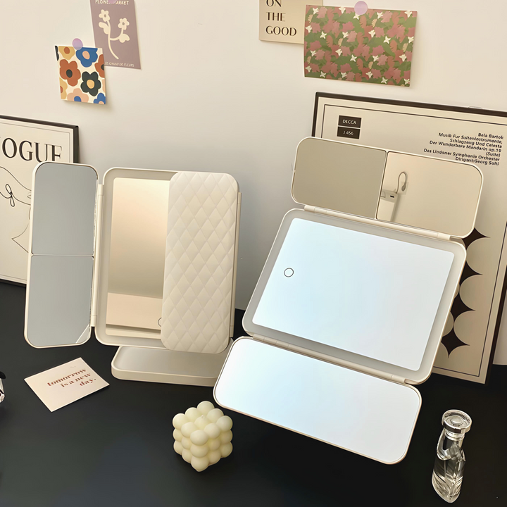 LED Makeup Mirror with 3 Light Modes – Foldable Vanity Mirror with Light and 2x/3x Magnification, White or Pink