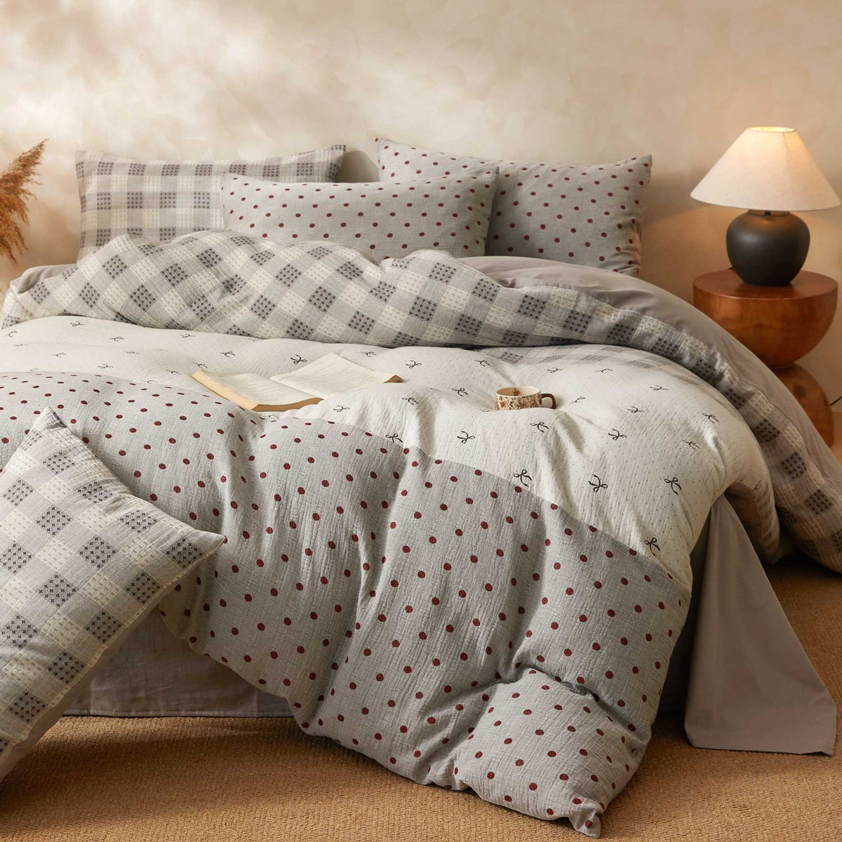 Lightly Quilted Cotton Muslin Polka Dot and Check Bedding Set