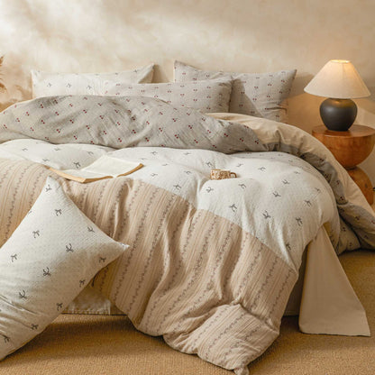 Lightly Quilted Cotton Muslin Polka Dot and Check Bedding Set