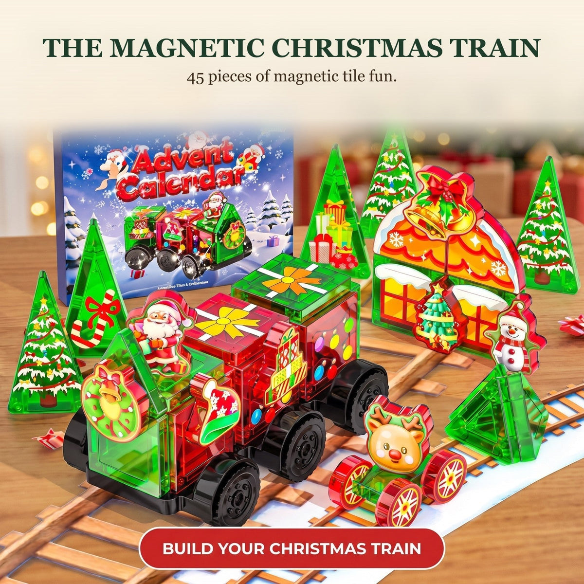 Magnetic Tile Christmas Train Advent Calendar, 45-Piece Set