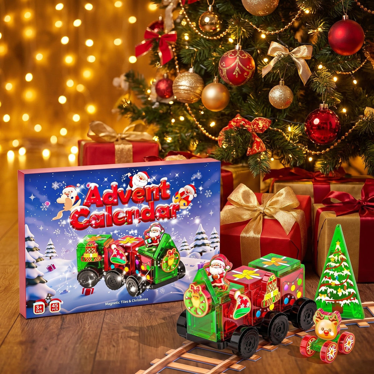 Magnetic Tile Christmas Train Advent Calendar, 45-Piece Set
