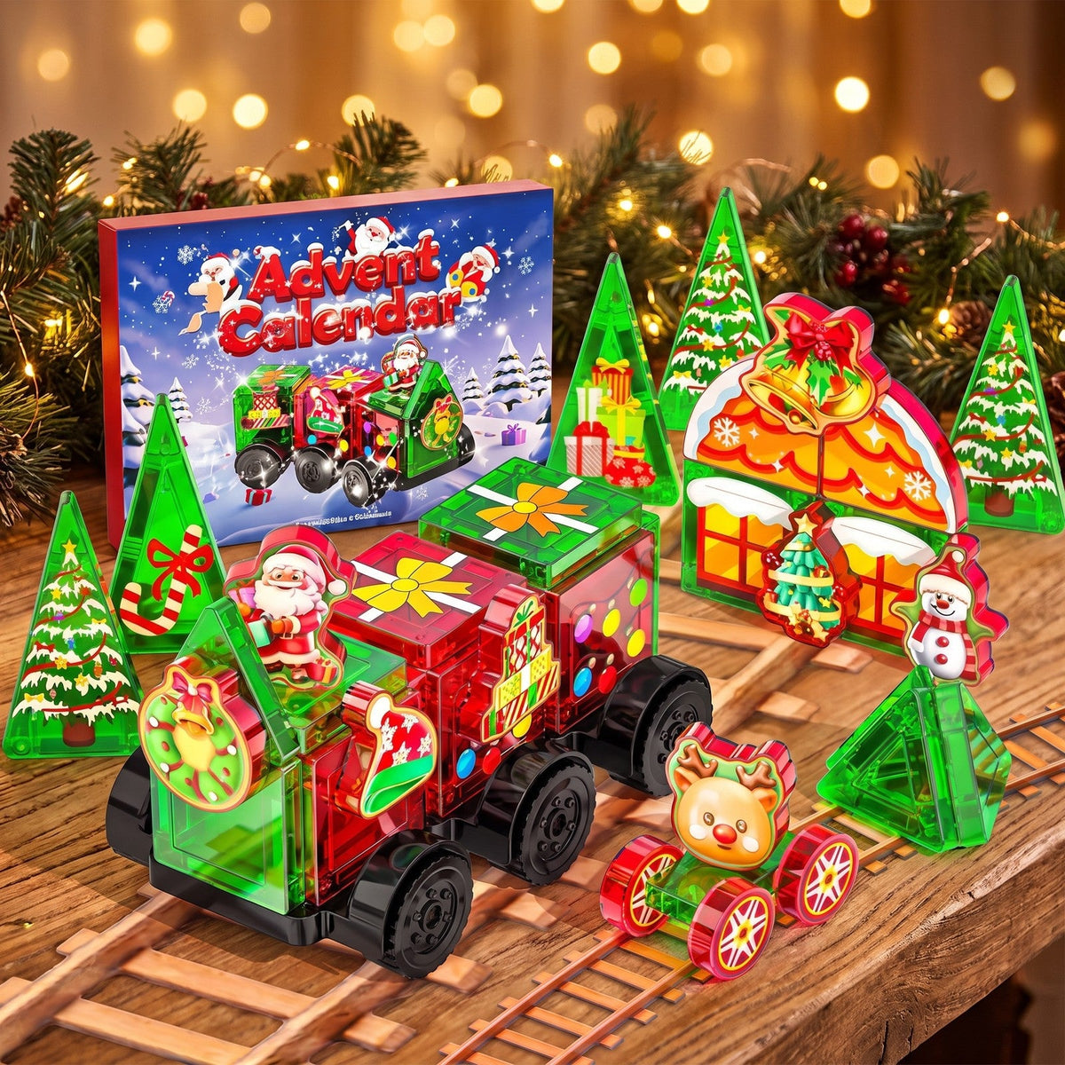 Magnetic Tile Christmas Train Advent Calendar, 45-Piece Set