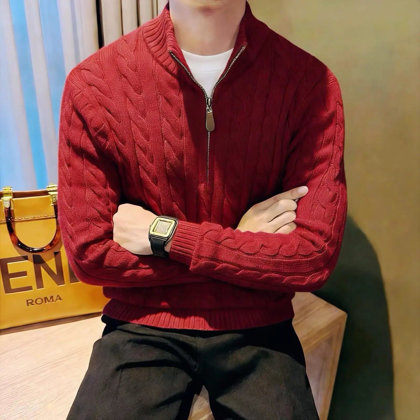 Marco | Men's Zip-Up Cable Knit Sweater - Image 2
