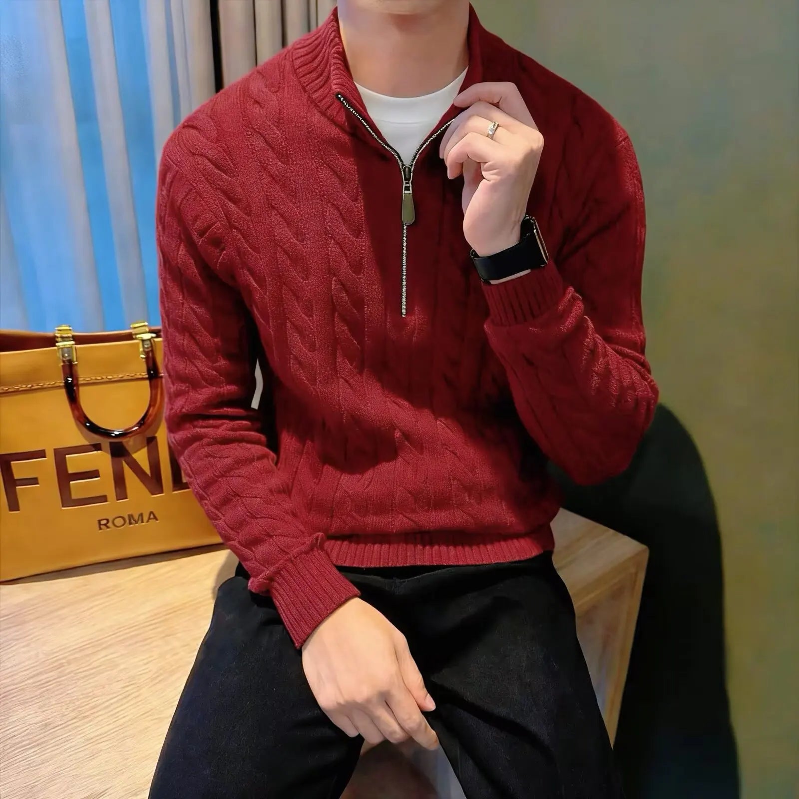 Marco | Men's Zip-Up Cable Knit Sweater - Image 3