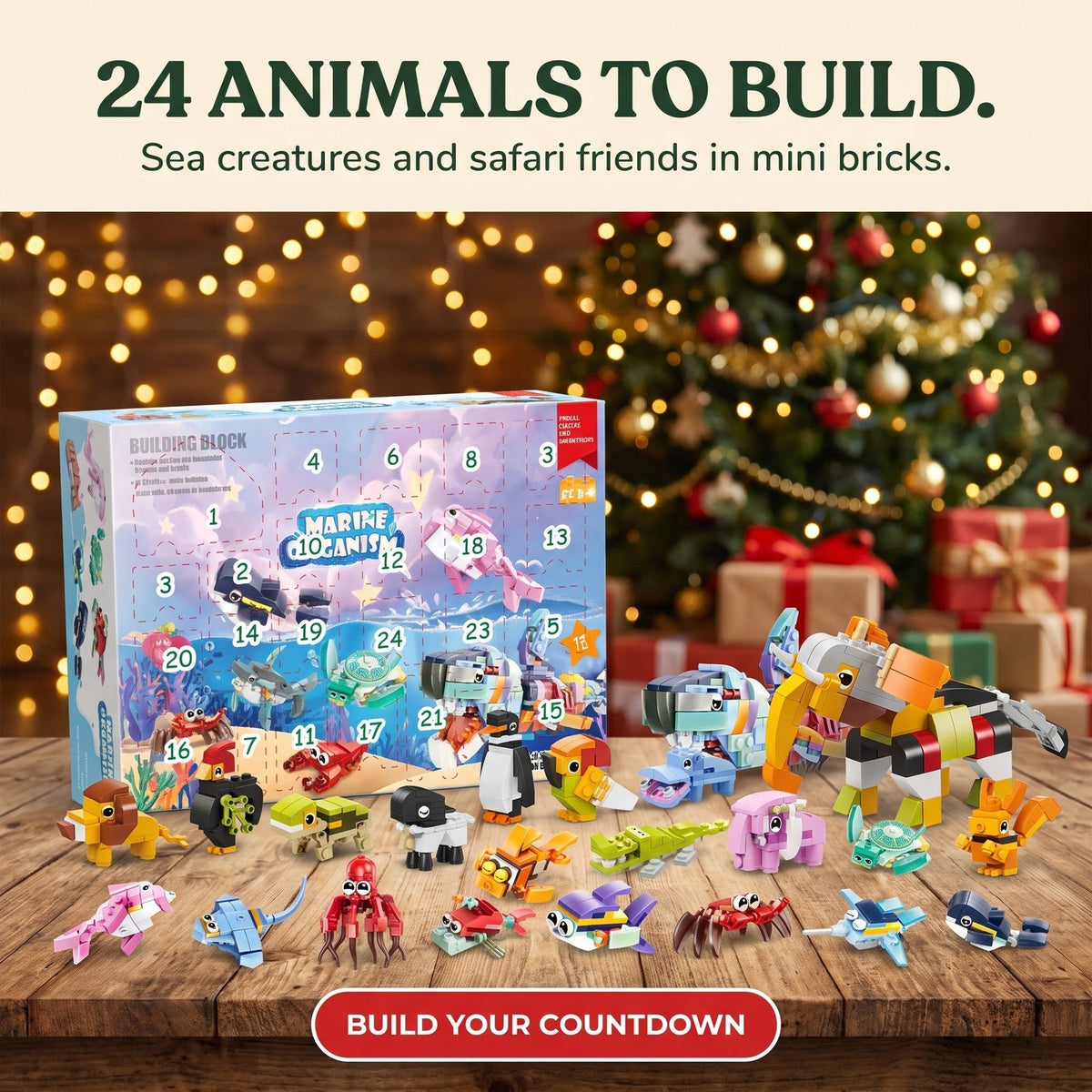 Marine Life Advent Calendar, 24 Brick Animals and a Big Sea Creature Build