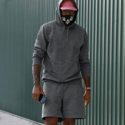 Men's 2-Piece French Terry Loungewear Set Hoodie and Sweat Shorts with Kangaroo Pocket and Drawstring