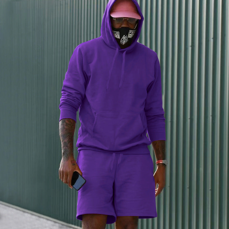 Men's 2-Piece French Terry Loungewear Set Hoodie and Sweat Shorts with Kangaroo Pocket and Drawstring