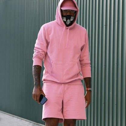 Men's 2-Piece French Terry Loungewear Set Hoodie and Sweat Shorts with Kangaroo Pocket and Drawstring