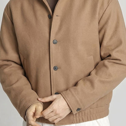 Men's Button-Front Wool-Look Bomber Jacket with Stand Collar