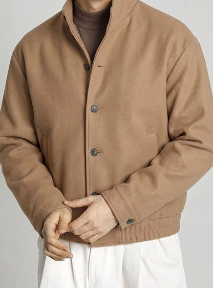 Men's Button-Front Wool-Look Bomber Jacket with Stand Collar