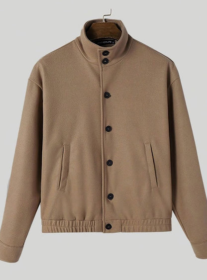 Men's Button-Front Wool-Look Bomber Jacket with Stand Collar