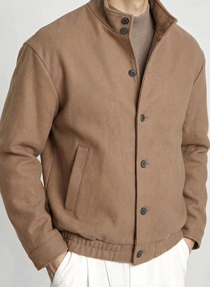 Men's Button-Front Wool-Look Bomber Jacket with Stand Collar
