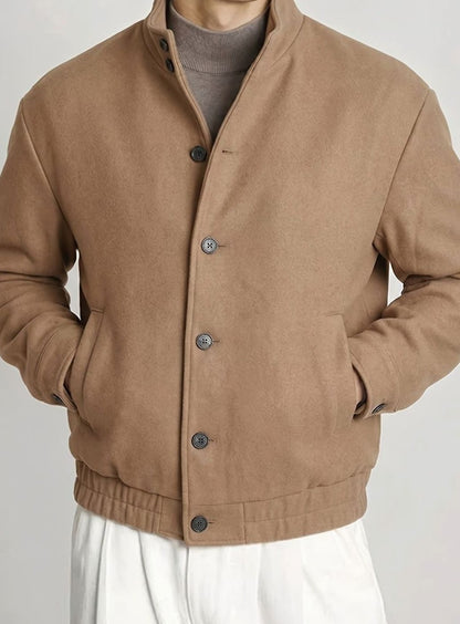 Men's Button-Front Wool-Look Bomber Jacket with Stand Collar
