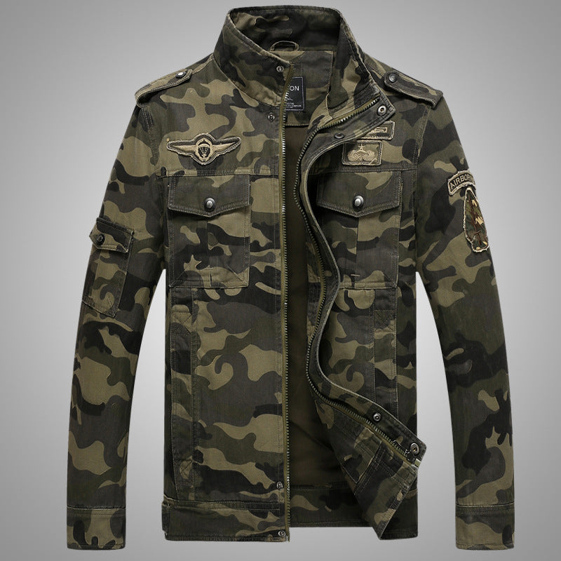 Men's Camouflage Field Jacket in Durable Canvas with Epaulettes, Multiple Pockets and Stand-Up Collar
