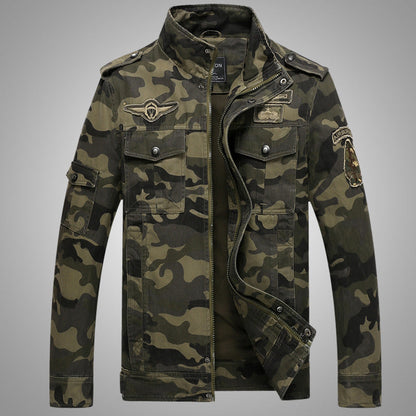 Men's Camouflage Field Jacket in Durable Canvas with Epaulettes, Multiple Pockets and Stand-Up Collar