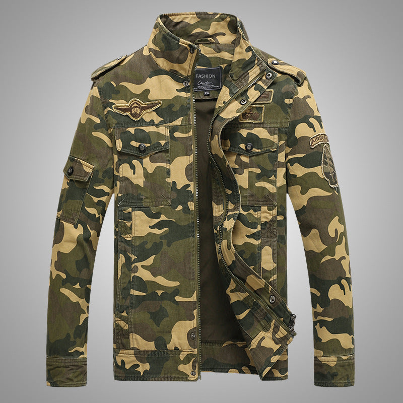 Men's Camouflage Field Jacket in Durable Canvas with Epaulettes, Multiple Pockets and Stand-Up Collar