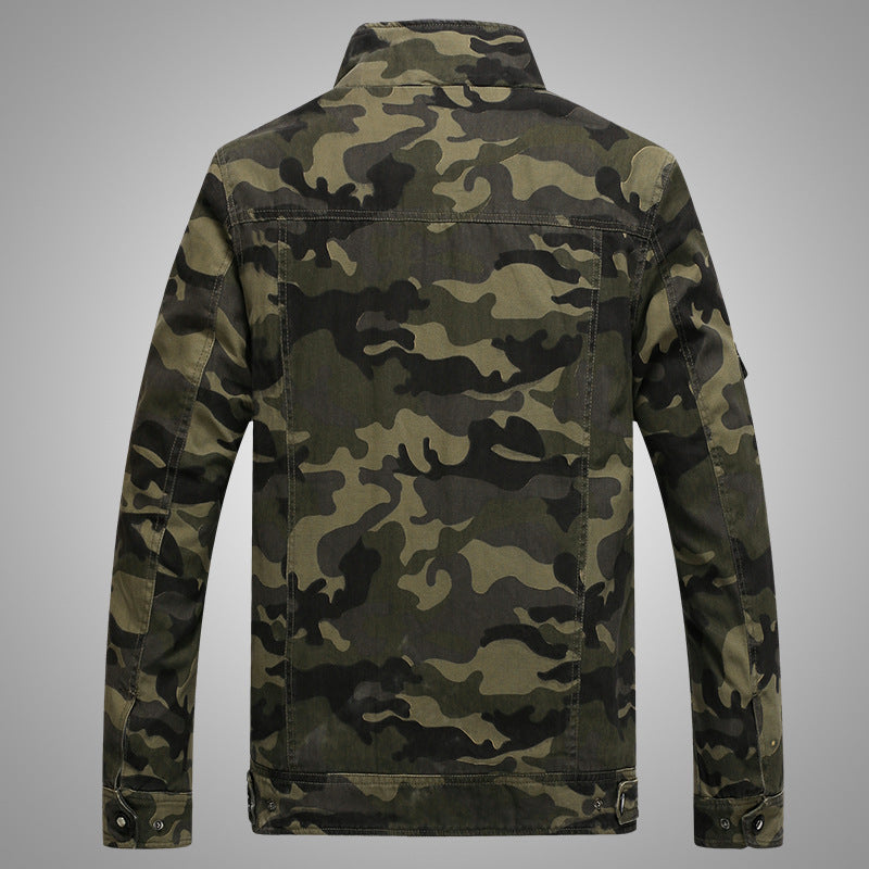 Men's Camouflage Field Jacket in Durable Canvas with Epaulettes, Multiple Pockets and Stand-Up Collar