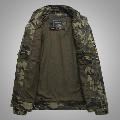 Men's Camouflage Field Jacket in Durable Canvas with Epaulettes, Multiple Pockets and Stand-Up Collar