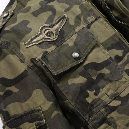 Men's Camouflage Field Jacket in Durable Canvas with Epaulettes, Multiple Pockets and Stand-Up Collar