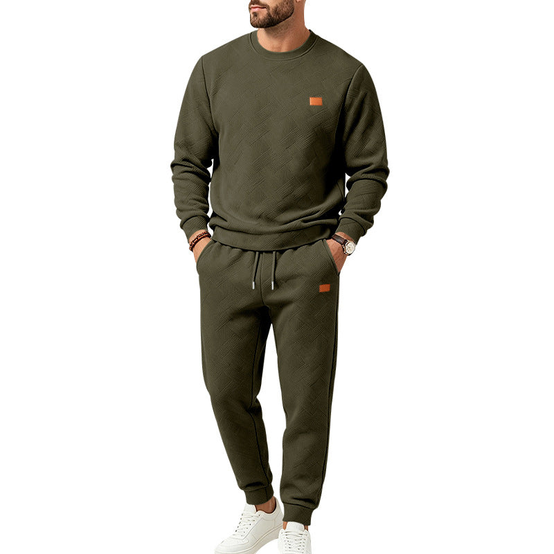 Men's Casual Textured Fleece Sweatsuit with Crewneck, Drawstring Waist and Pockets