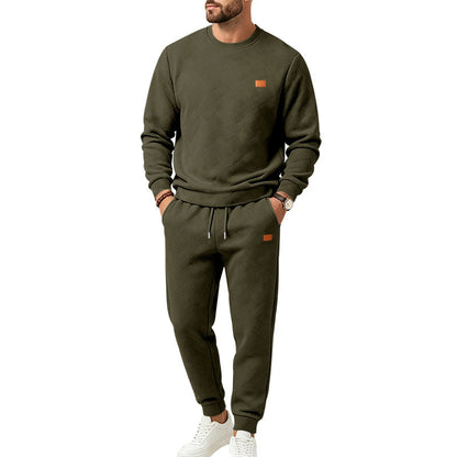 Men's Casual Textured Fleece Sweatsuit with Crewneck, Drawstring Waist and Pockets