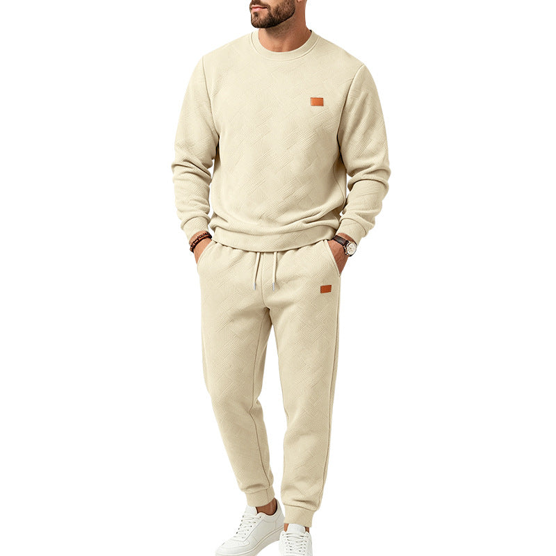 Men's Casual Textured Fleece Sweatsuit with Crewneck, Drawstring Waist and Pockets