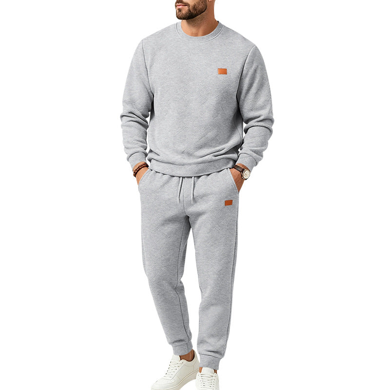 Men's Casual Textured Fleece Sweatsuit with Crewneck, Drawstring Waist and Pockets